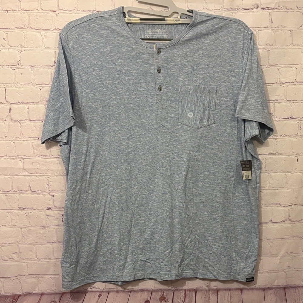 EDDIE BAUER Men's Heather Light Blue Short Sleeve Henley with Pocket Sz: 2XL